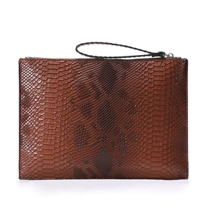 Detailed view of brown 3D python snake skin texture on PU leather envelope clutch bag