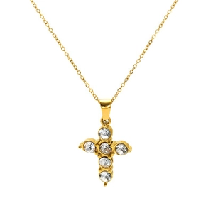 18K gold plated stainless steel necklace with a cross pendant and zircon leaves on white backdrop