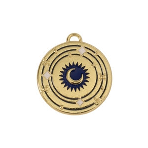 Detail of gold enamel charm featuring a blue moon and sun motif with star accents