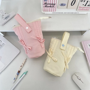 Macaron pastel vertical pencil cases with sweet bow ties and large capacity storage
