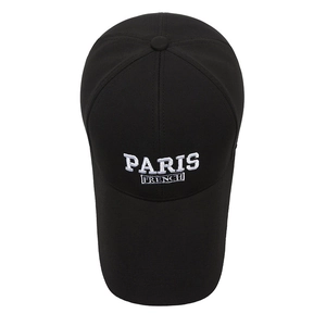 Black cotton baseball cap with white Paris embroidery and extended sun protection brim