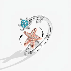 Fashion Sea Turtle Starfish Open Ring For Women Copper Rhinestone Enamel Blue Adjustable Anxiety Spinner Ring Jewelry Gift