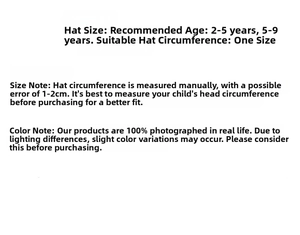 Size guide for children sun hats showing age range two to nine years and size specs