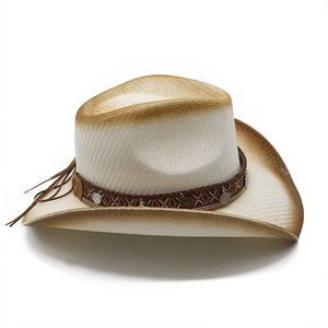Detail of western straw sun hat with ethnic embroidery band and metallic sequin charms