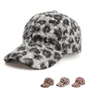 Leopard Print Baseball Cap Plush Faux Fur Winter Warm Duck Tongue Hat Adjustable Outdoor Windproof Unisex Fashionable