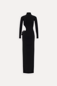 Detail showing waist cutout with 3D floral accent on elegant black high neck dress