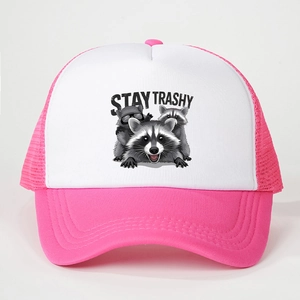 Pink and white Stay Trashy trucker hat featuring funny raccoon print and mesh back