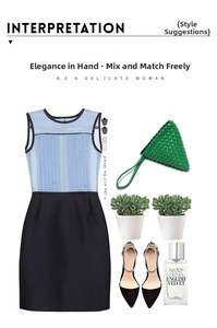 Flat lay of sleeveless pleated dress, green woven triangle bag, and pointed pumps