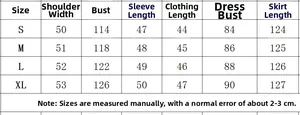 Detailed size chart for the off-shoulder sweatshirt and maxi dress two-piece set