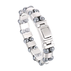Men Layered Hematite Bead Bracelet Stainless Steel Brushed Metal Links Industrial Punk Style Masculine Jewelry Clasp