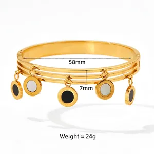 Three-layer gold stainless steel bangle with roman numeral black and white shell charms