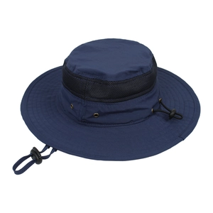 Detail of dark blue sun hat with mesh ventilation and adjustable drawstring