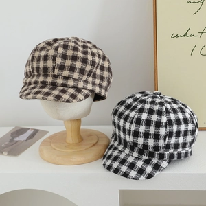 Classic plaid wool octagonal newsboy hats for kids in brown and black-white check patterns