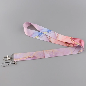 Pink and purple marble pattern lanyard with metal swivel hook and black cord loop