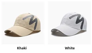 Detail view of breathable mesh sports caps in khaki and white with reflective M logo