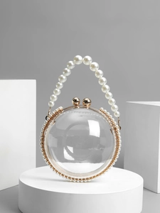 Elegant transparent acrylic evening clutch with pearl trim and gold metal handle