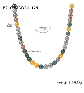 Detail view of 8mm multi-colored shell bead necklace with dimensions and weight specs