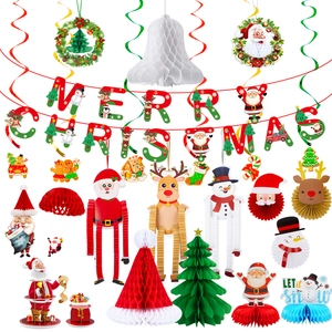 Décorations De Noël Ornements En Papier Alvéolé Bannière Suspendue Spirales Père Noël Bonhomme De Neige Arbre Fête