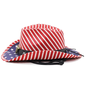Cappello da cowboy in paglia stile bandiera USA con stelle e decorazione testa di toro