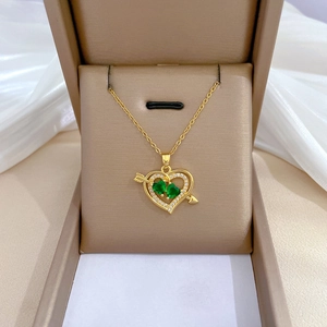 Titanium steel heart necklace with green stones and sparkling pavé crystals