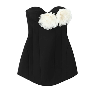 Abito Mini Senza Spalline Con Fiore In Chiffon 3D Contrasto Elegante Festa Bodycon Vestibilità Aderente Vestito In Poliestere Nero Da Donna
