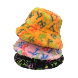 Women Faux Fur Bucket Hat Colorful Letter Print Thickened Warm Winter Plush Basin Hat Streetwear Outdoor