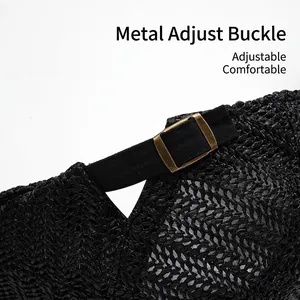 Men's black straw newsboy cap with adjustable bronze metal buckle for sun protection