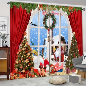 Detail view of festive red Christmas curtains featuring Santa Claus and reindeer patterns