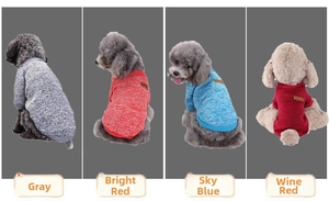 Detail of knit dog sweaters in grey, red, lake blue, and wine red with ribbed cuffs