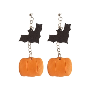 Halloween drop earrings featuring black clay bats and orange pumpkins on silver chains