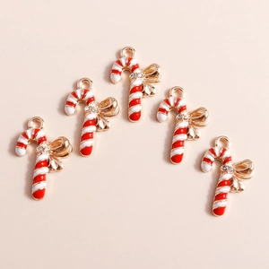 5pcs Christmas candy cane charms with red enamel and gold bow for DIY jewelry making