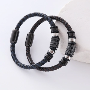 Men Double Layer Woven Leather Bracelet 304 Stainless Steel Magnetic Clasp Minimalist Industrial Bangle Trendy