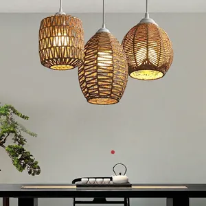 Handmade Woven Rattan Lampshade Pendant Light Cover Retro Zen Wabi Sabi Style Natural Paper Rope Hanging Decor Home