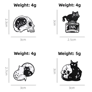 Cute black cat and skull enamel pins in punk style with detailed product dimensions