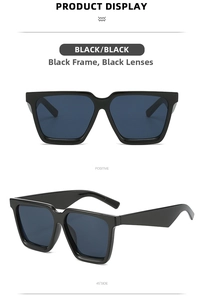 Detail view of square black sunglasses with thick frames and dark grey lenses in two angles