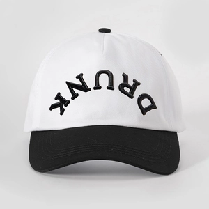 Detail of DRUNK 3D embroidery on a retro contrast color cotton baseball cap