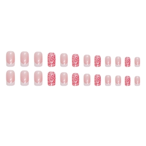 Pink leopard print and white French tips on square medium length press-on nails