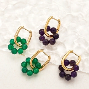 U-shaped gold stainless steel earrings with green and purple natural stone beads