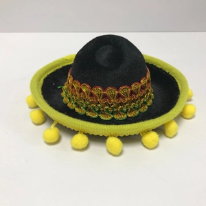 Mini black felt Mexican party hat with yellow pom-poms and colorful woven trim decoration