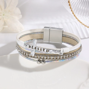 Bohemian multi-layer PU leather bracelet with silver BLESSED cross and magnetic clasp