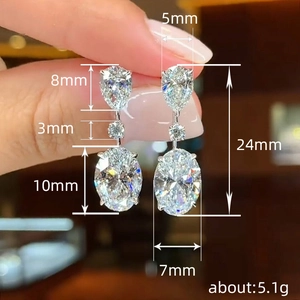 Silver teardrop earrings with crystals, 24mm length shown with size measurements