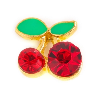 Sparkling cherry nail art charms with red rhinestones and green enamel in gold base