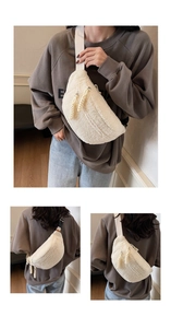 Detailed views of a white plush chest bag showing crossbody style and braided zipper details