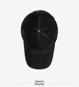Close-up of the warm fleece lining and ear protection flaps on a black winter baseball cap