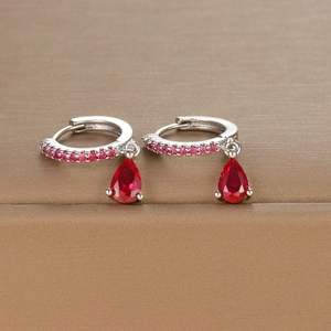 Luxurious S925 silver waterdrop earrings with pink pavé hoops and red pear-cut crystals