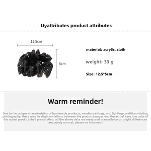 Detailed size chart for black polka dot fabric hair claw clip with acrylic base