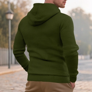 Men's olive green waffle knit hoodie with a textured hood and ribbed cuffs back view
