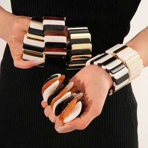 Geometric Block Bangle Bracelet Acrylic Alloy Stitching Elastic Wide Cuff Jewelry Fashion For Women