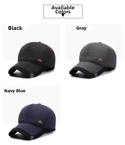Quilted baseball cap details in black, grey, and navy colors with golden metal logo accents