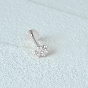 Macro detail of 925 silver screw back stud earring with fan-shaped zirconia arrangement